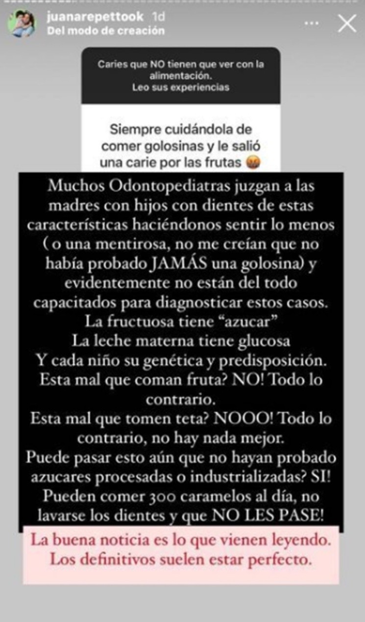 El furioso descargo de Juana Repetto sobre los odontopediatras que atendieron a su hijo.