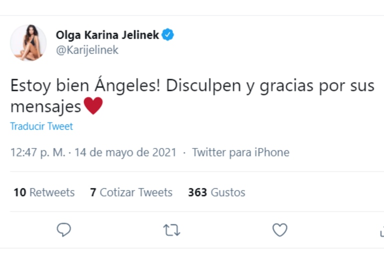 La modelo tuvo que llevarle tranquilidad a sus seguidores: "Estoy bien ángeles"